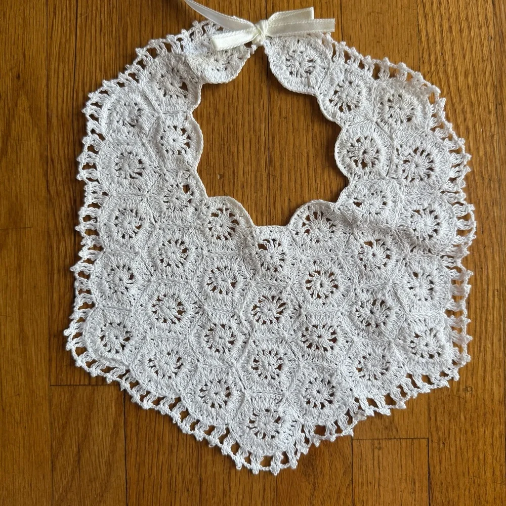 Baby Crochet Bib White Collar Infant Girl Dainty Formal Christening Baptism Part